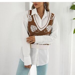 Cropped Stretch Layering ORANGE White Mushroom Sweater Vest Shein Large